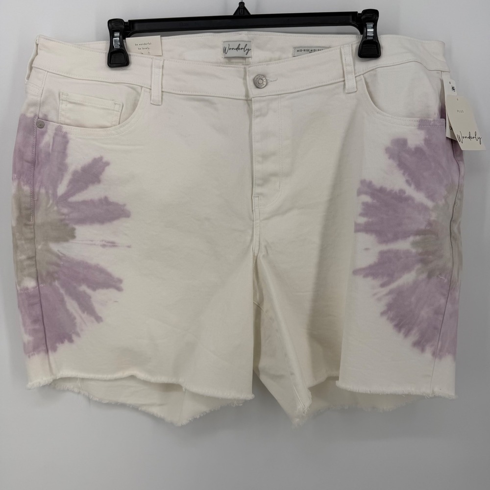 Wonderly Womens 20W White Purple Tie Dye Mid Rise Denim Shorts NWT Boho Beachy